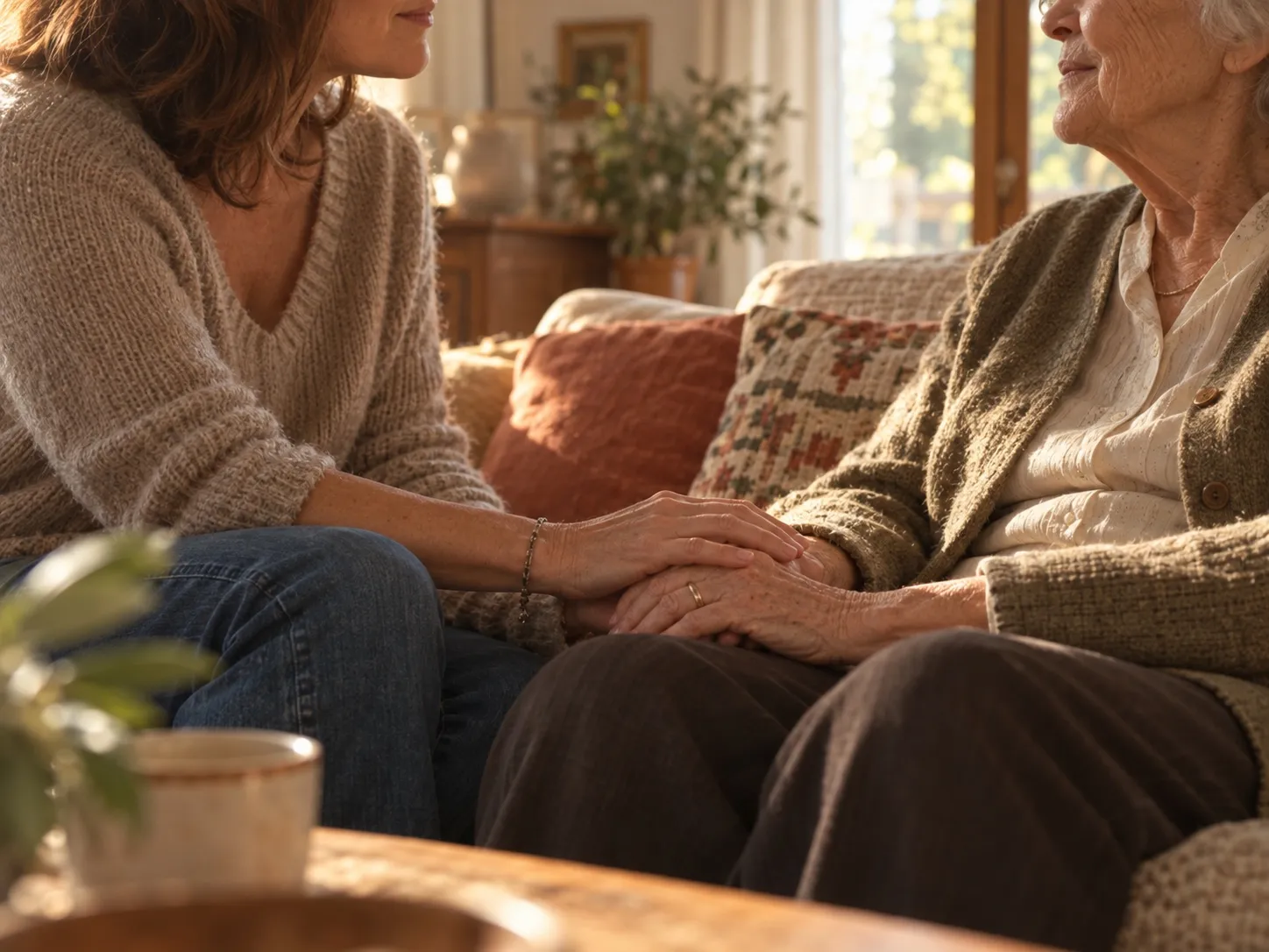 Una figlia adulta e la madre anziana sedute vicine sul divano, con le mani intrecciate.