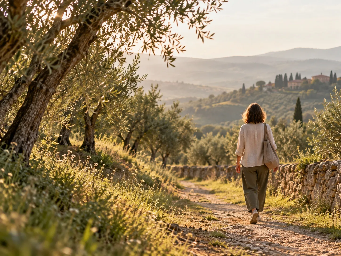 Una donna vista di spalle cammina da sola su un sentiero tra gli ulivi, nella luce dolce del mattino.