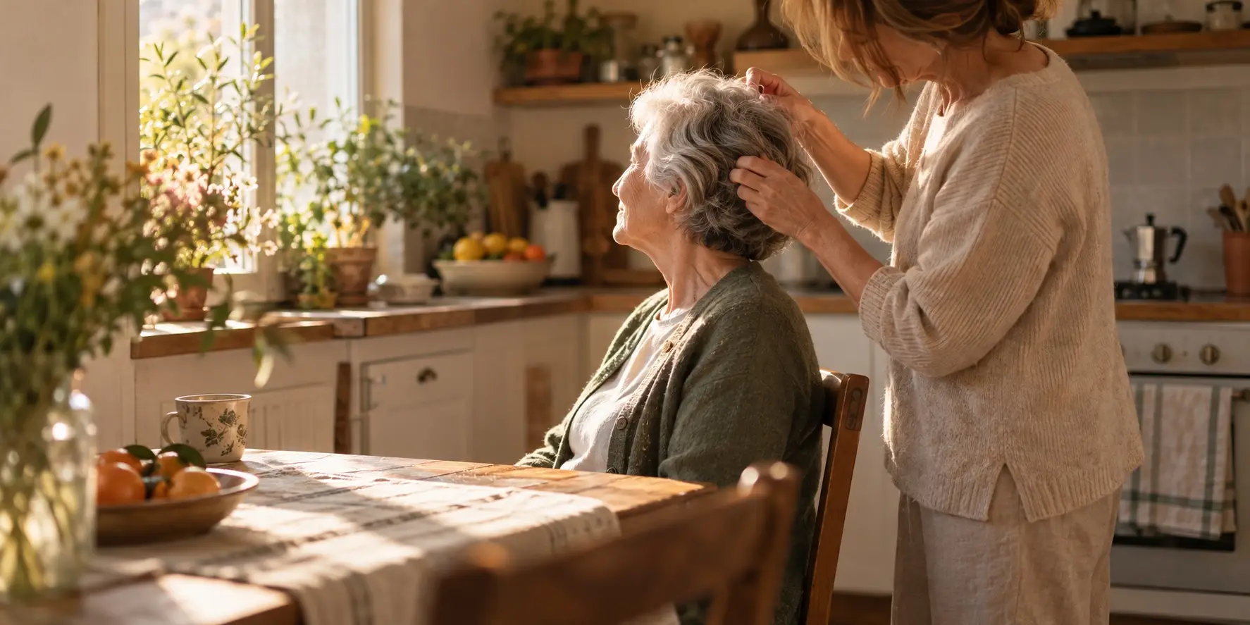Una figlia adulta sistema con delicatezza i capelli alla madre anziana in cucina, in un gesto di cura quotidiana, nella luce calda di casa.